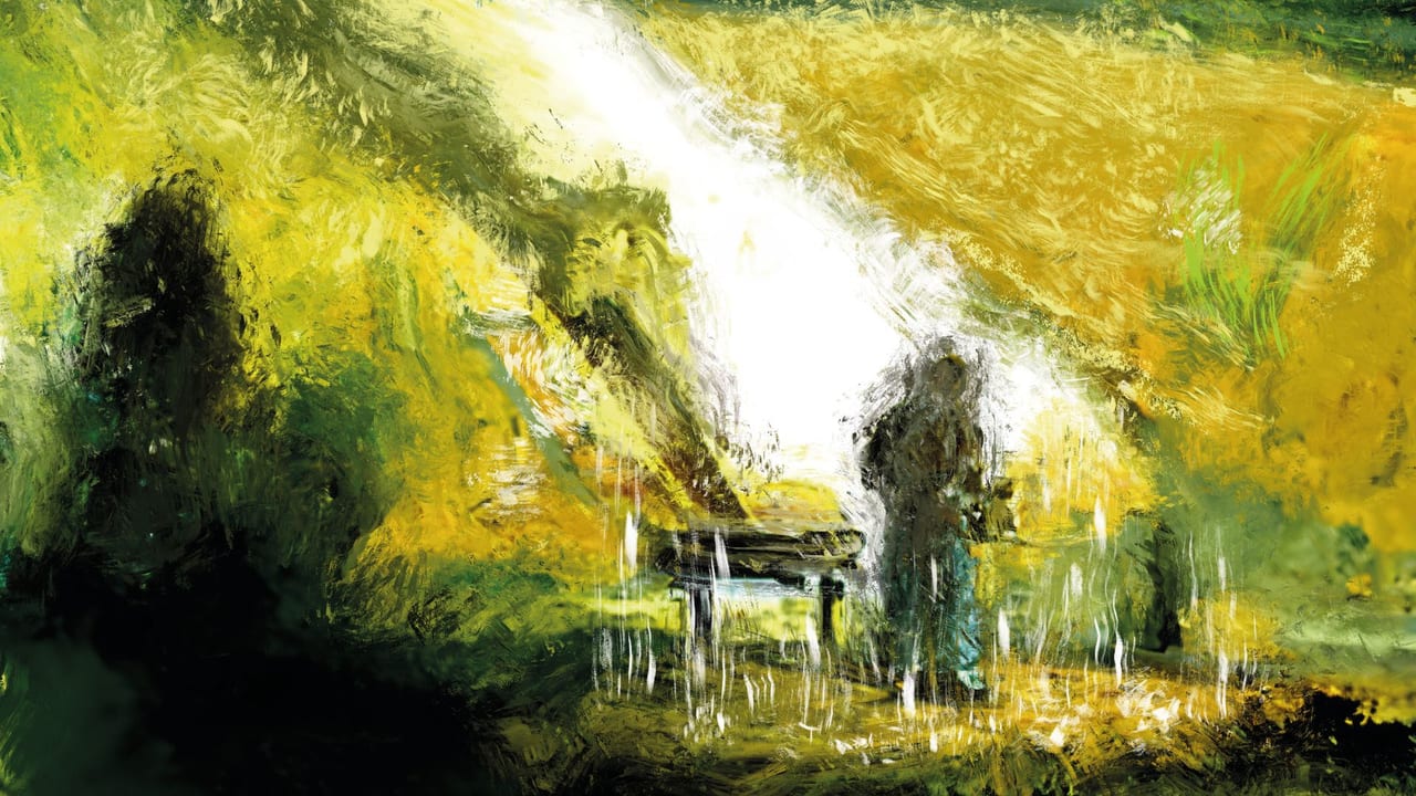 Artwork MiQ00104: a man in a landscape in yellow and green