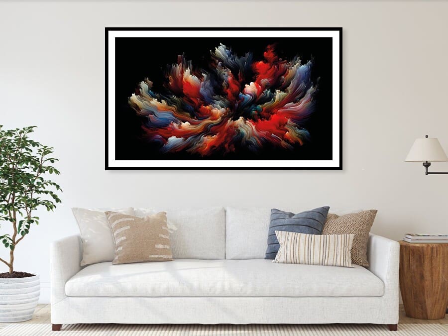 Das Gemälde Abstract Colors On Black von Michael Quarz an der Wand hinter einem hellen Sofa