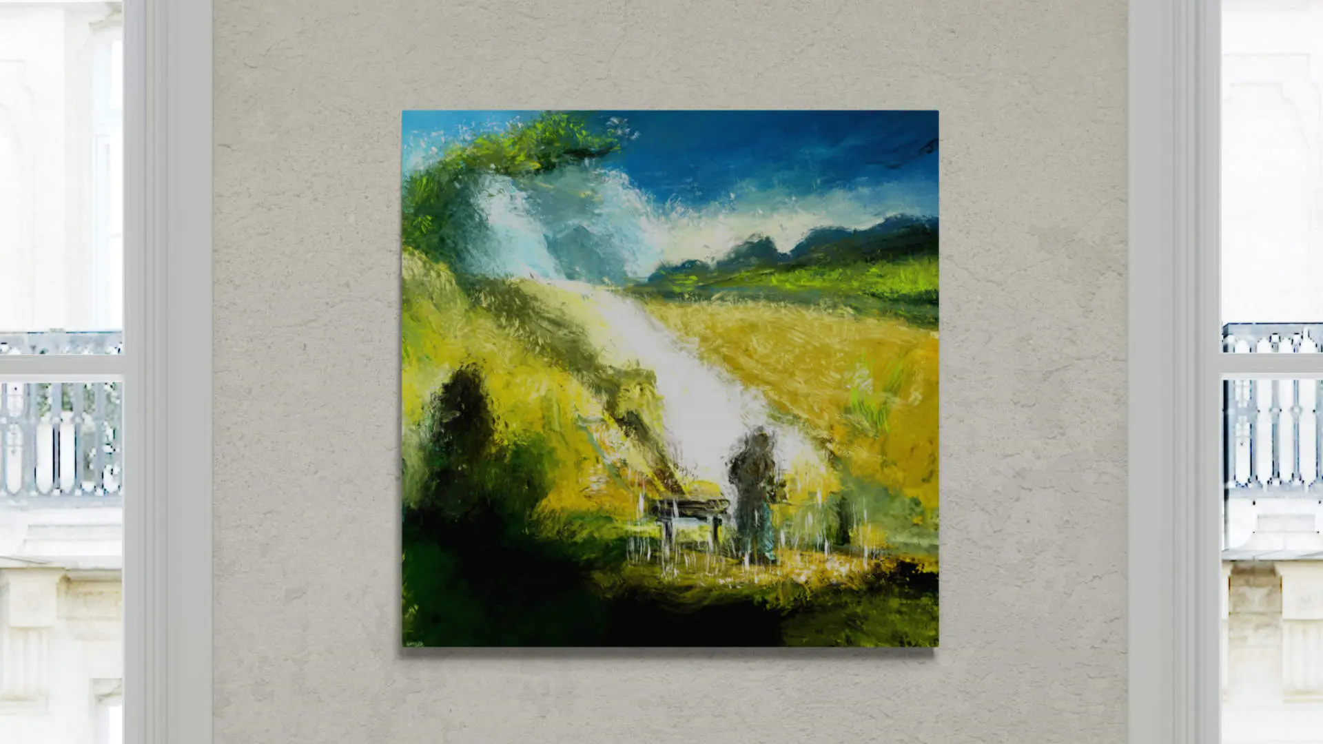 Gemälde "Man In Landscape" an einer hellen Wand.