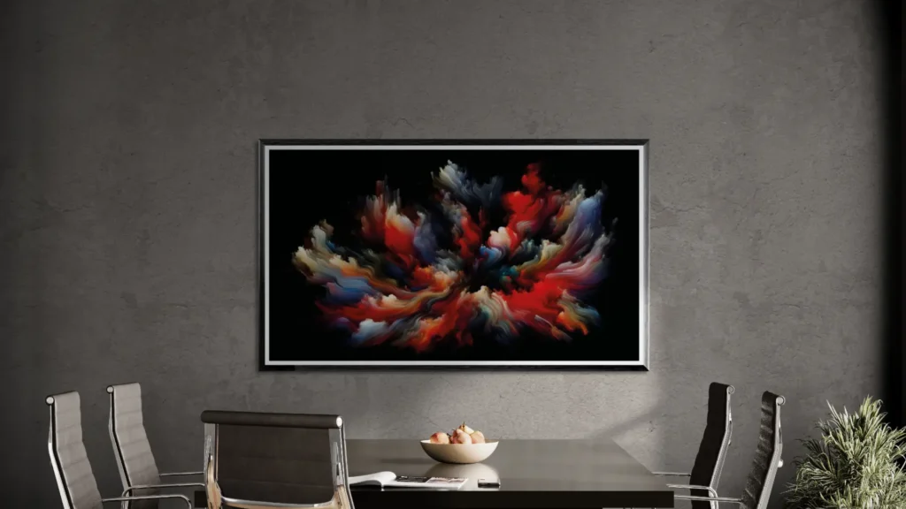 Das Gemälde Abstract Colors On Black von Michael Quarz an einer grauen Wand in einem Besprechungsraum.