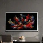 Das Gemälde Abstract Colors On Black von Michael Quarz an einer grauen Wand in einem Besprechungsraum.