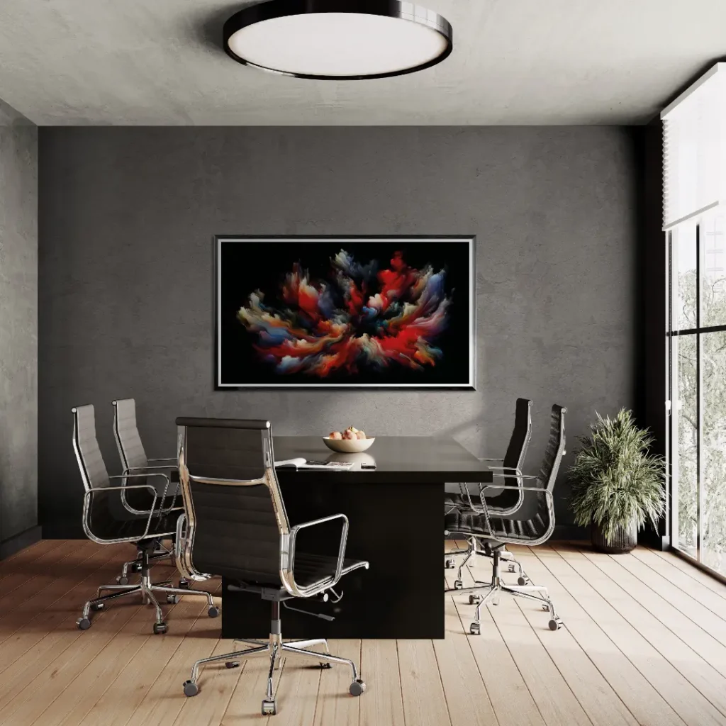 Das Gemälde Abstract Colors On Black von Michael Quarz an einer grauen Wand in einem Besprechungsraum.