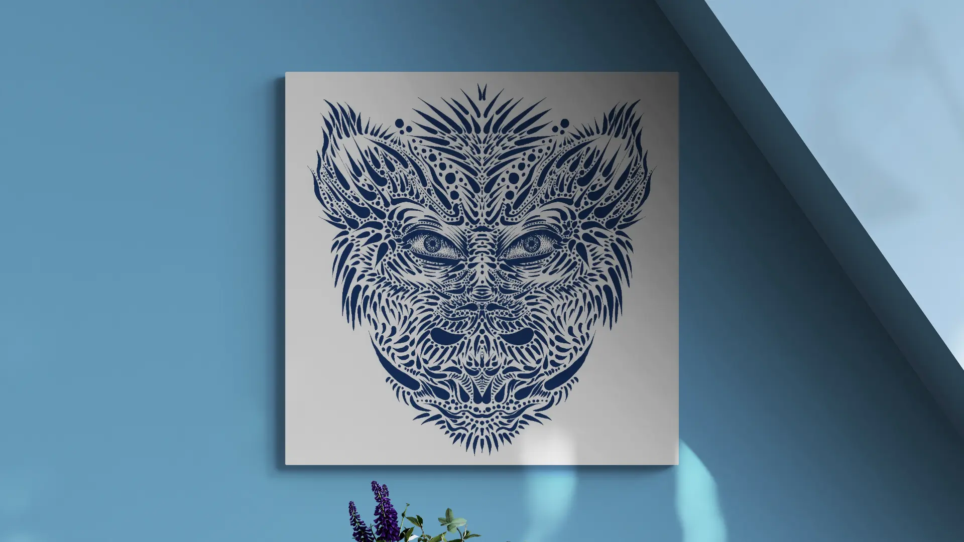 Leinwanddruck des digitalen Gemäldes "Lineart Blue" von Michael Quarz an einer hellblauen Wand