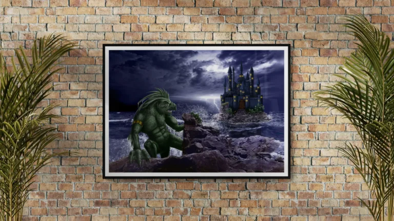 Gerahmter Druck des digitalen Gemäldes "Escaped" von Michael Quarz an einer braunen Steinwand