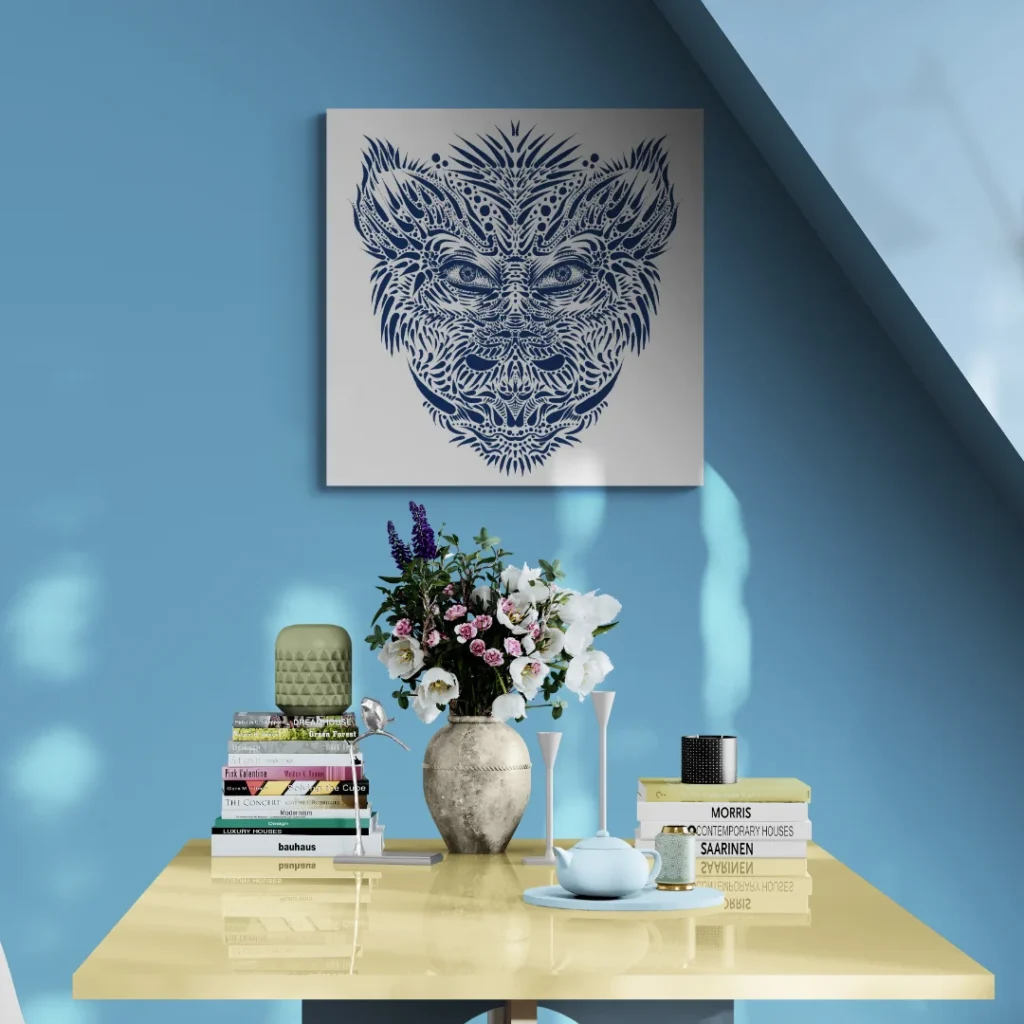 Leinwanddruck des digitalen Gemäldes "Lineart Blue" von Michael Quarz an einer hellblauen Wand