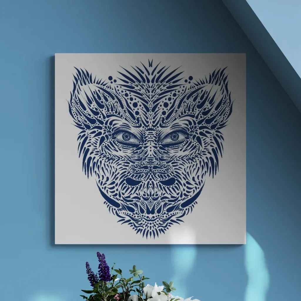 Leinwanddruck des digitalen Gemäldes "Lineart Blue" von Michael Quarz an einer hellblauen Wand