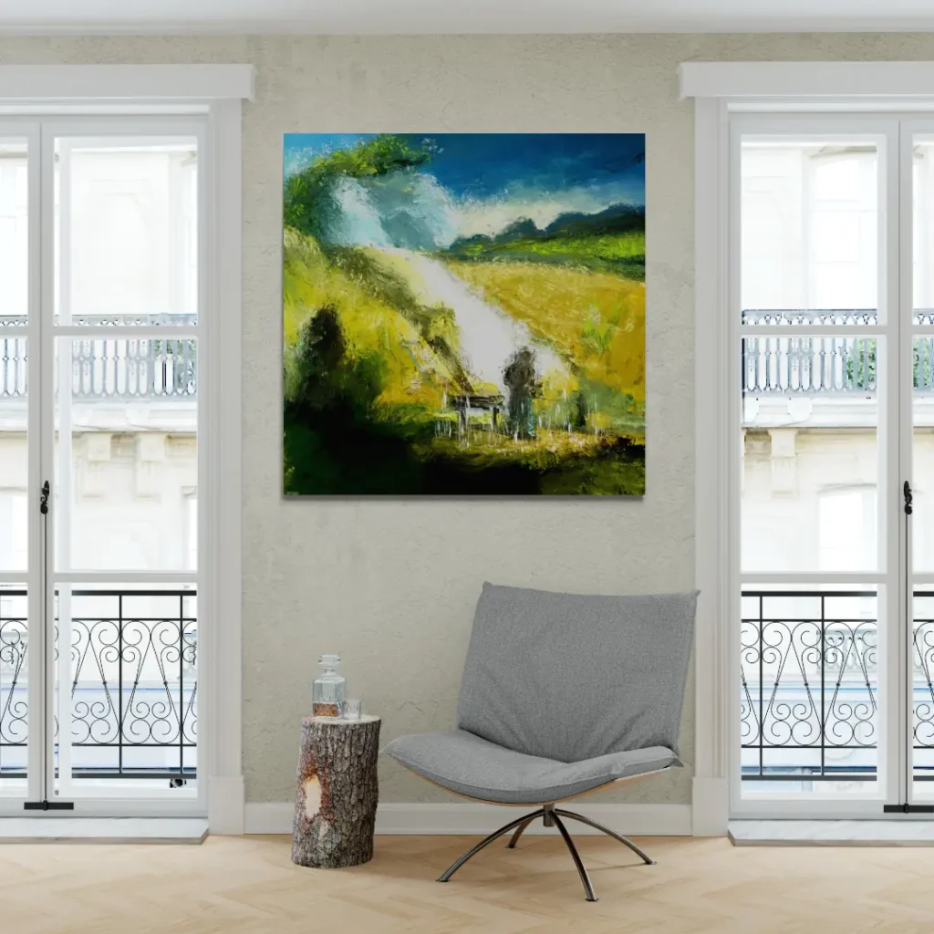 Acryldruck des Gemäldes "Man In Landscape" von Michael Quarz an einer beigen Wand zwischen zwei Fenstern