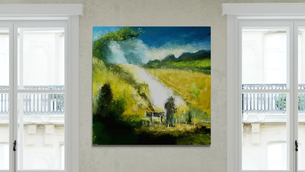 Acryldruck des Gemäldes "Man In Landscape" von Michael Quarz an einer beigen Wand zwischen zwei Fenstern