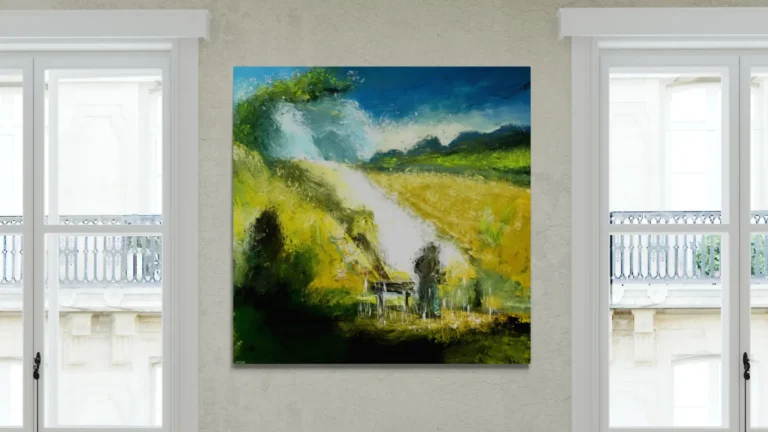 Acryldruck des Gemäldes "Man In Landscape" von Michael Quarz an einer beigen Wand zwischen zwei Fenstern