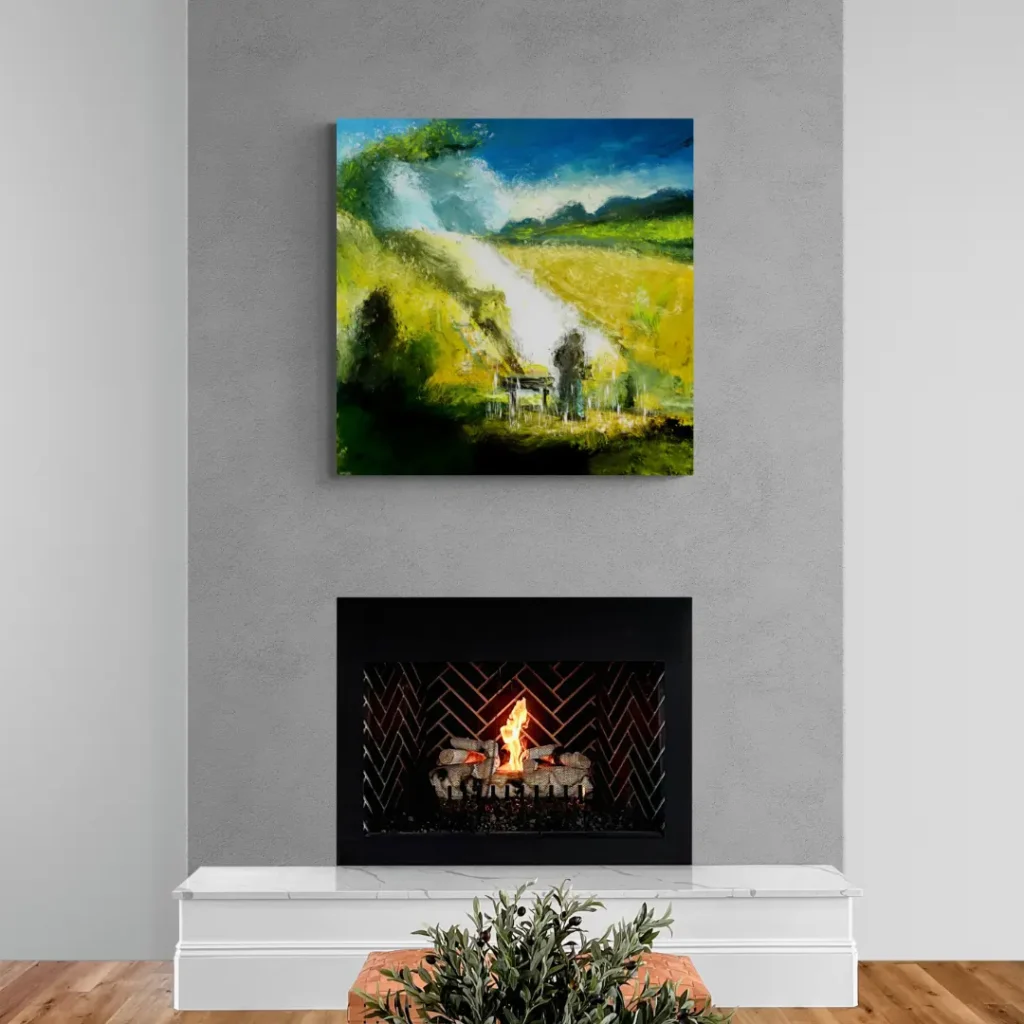 Leinwanddruck des Gemäldes "Man In Landscape" von Michael Quarz an einer grauen Wand über einem Kamin