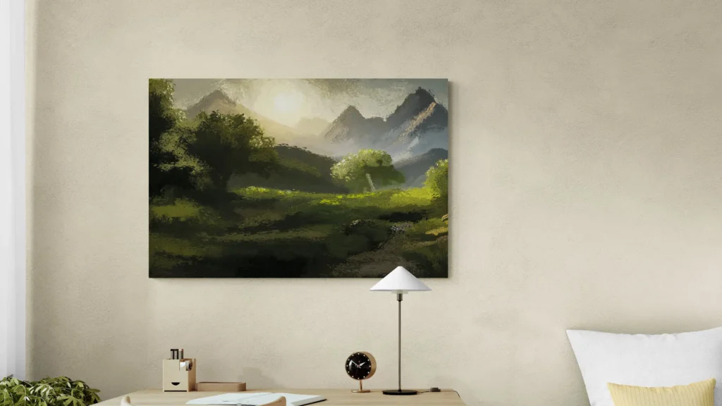 Leinwanddruck des Gemäldes "Green Landscape 1" von Michael Quarz an einer beigefarbenen Wand