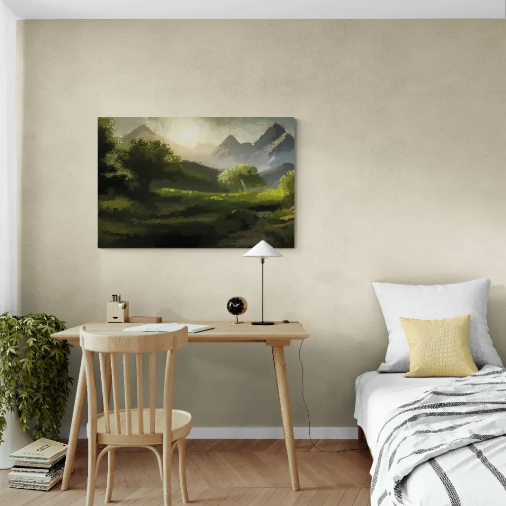 Leinwanddruck des Gemäldes "Green Landscape 1" von Michael Quarz an einer beigefarbenen Wand