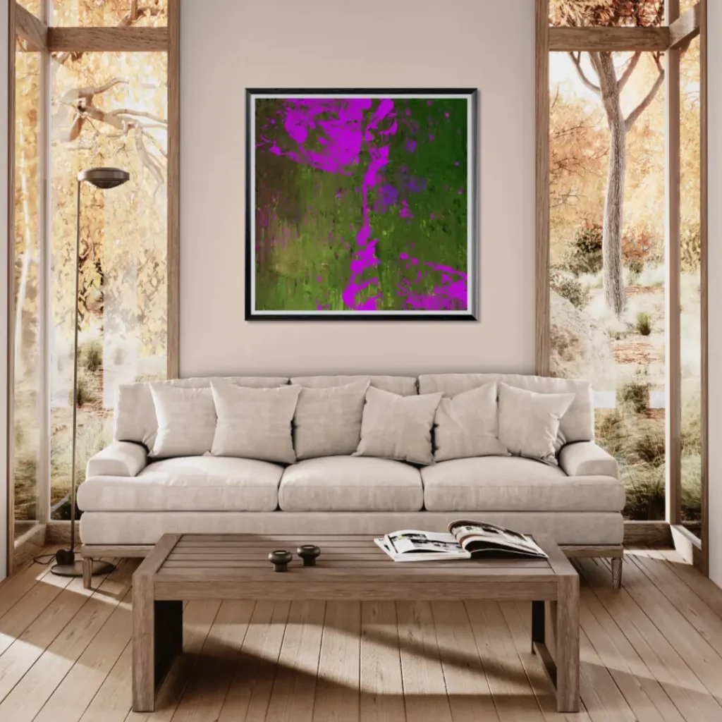 Gerahmter Druck des Gemäldes "Pink On Green" von Michael Quarz an einer beige farbigen Wand über einem Sofa