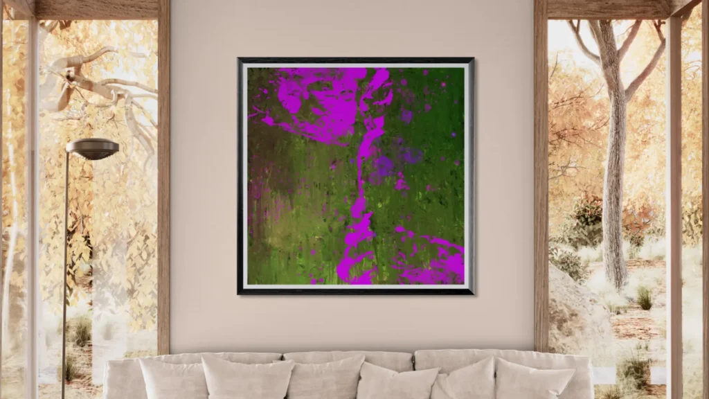 Gerahmter Druck des Gemäldes "Pink On Green" von Michael Quarz an einer beige farbigen Wand über einem Sofa