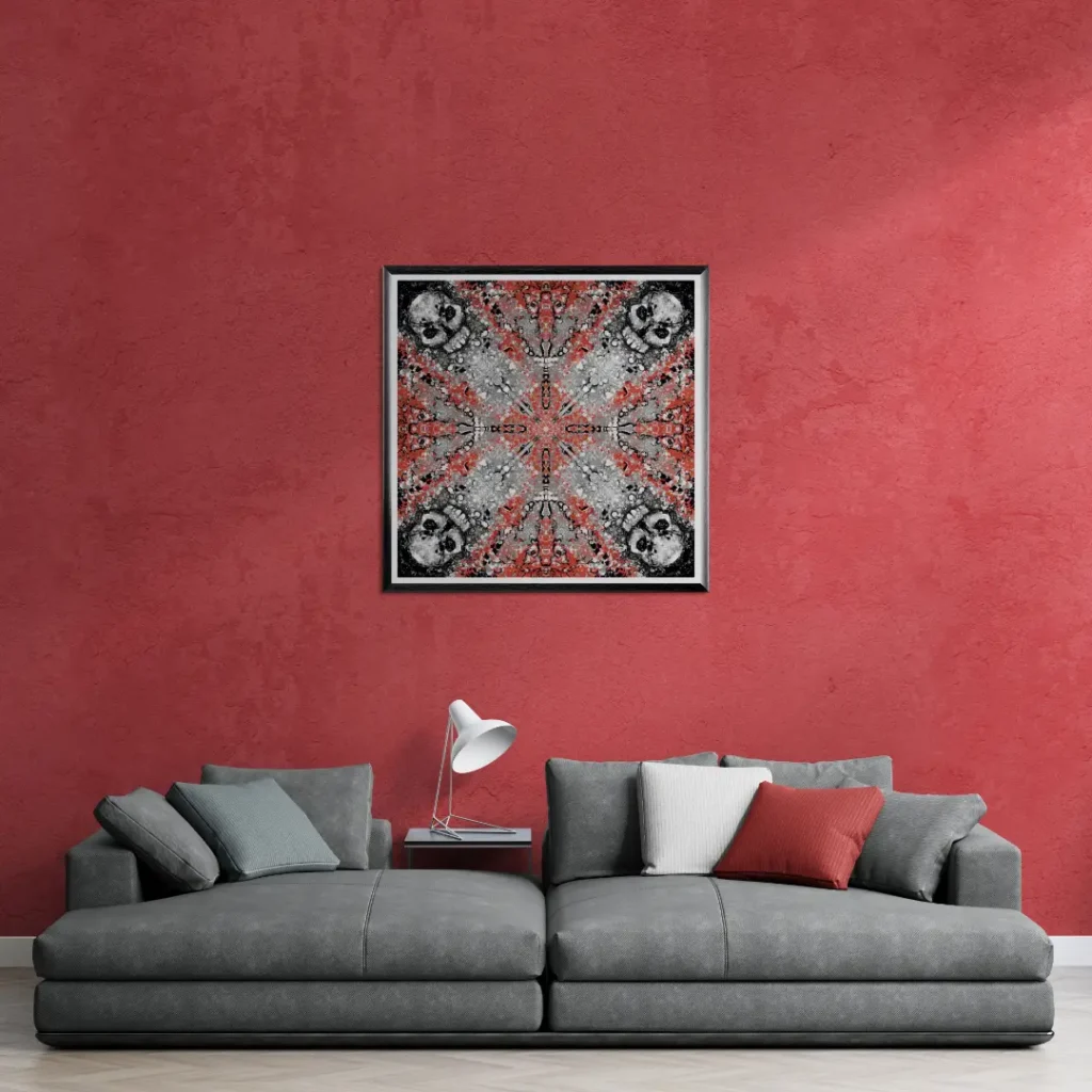 Gerahmter Druck von Kaleidoscope Skulls 1 von Michael Quarz auf einer roten Wand über einem grauen Sofa