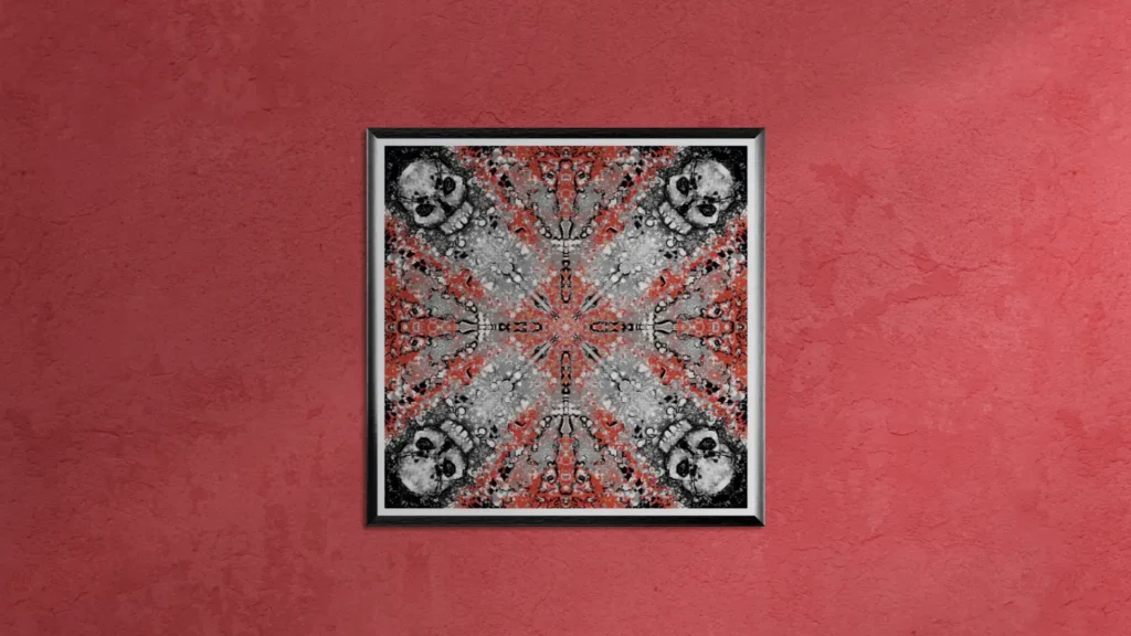 Gerahmter Druck von Kaleidoscope Skulls 1 von Michael Quarz auf einer roten Wand