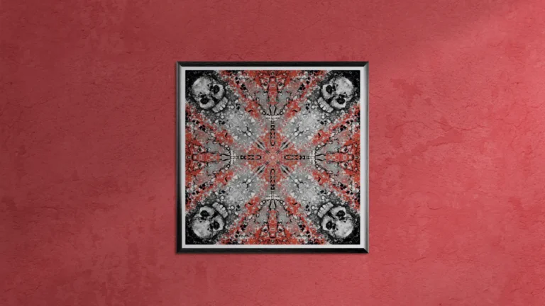 Gerahmter Druck von Kaleidoscope Skulls 1 von Michael Quarz auf einer roten Wand