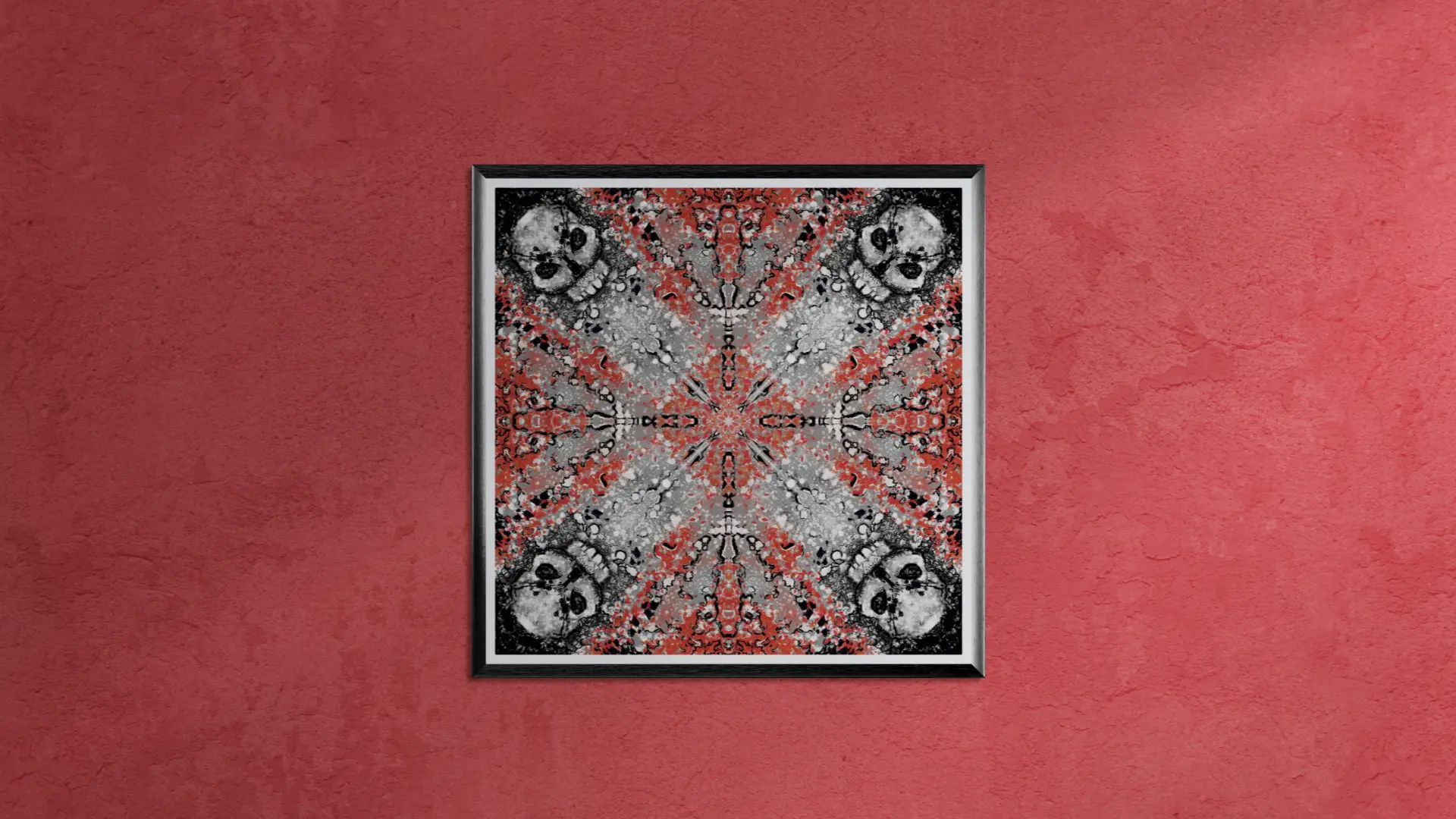 Gerahmter Druck von Kaleidoscope Skulls 1 von Michael Quarz auf einer roten Wand