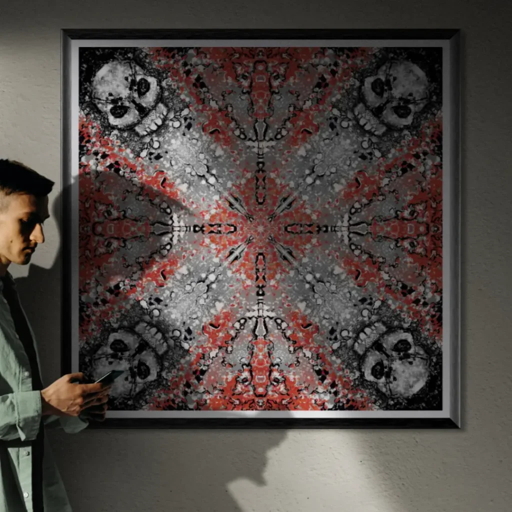 Gerahmter Druck von Kaleidoscope Skulls 1 von Michael Quarz an einer hellen Wand
