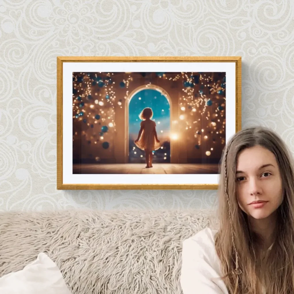 Gerahmter Druck des Gemäldes "Dreamgate" von Michael Quarz an einer gemusterten Wand über einem Sofa