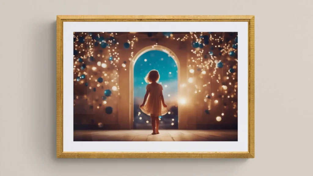 Gerahmter Druck des Gemäldes "Dreamgate" von Michael Quarz an einer beige farbigen Wand