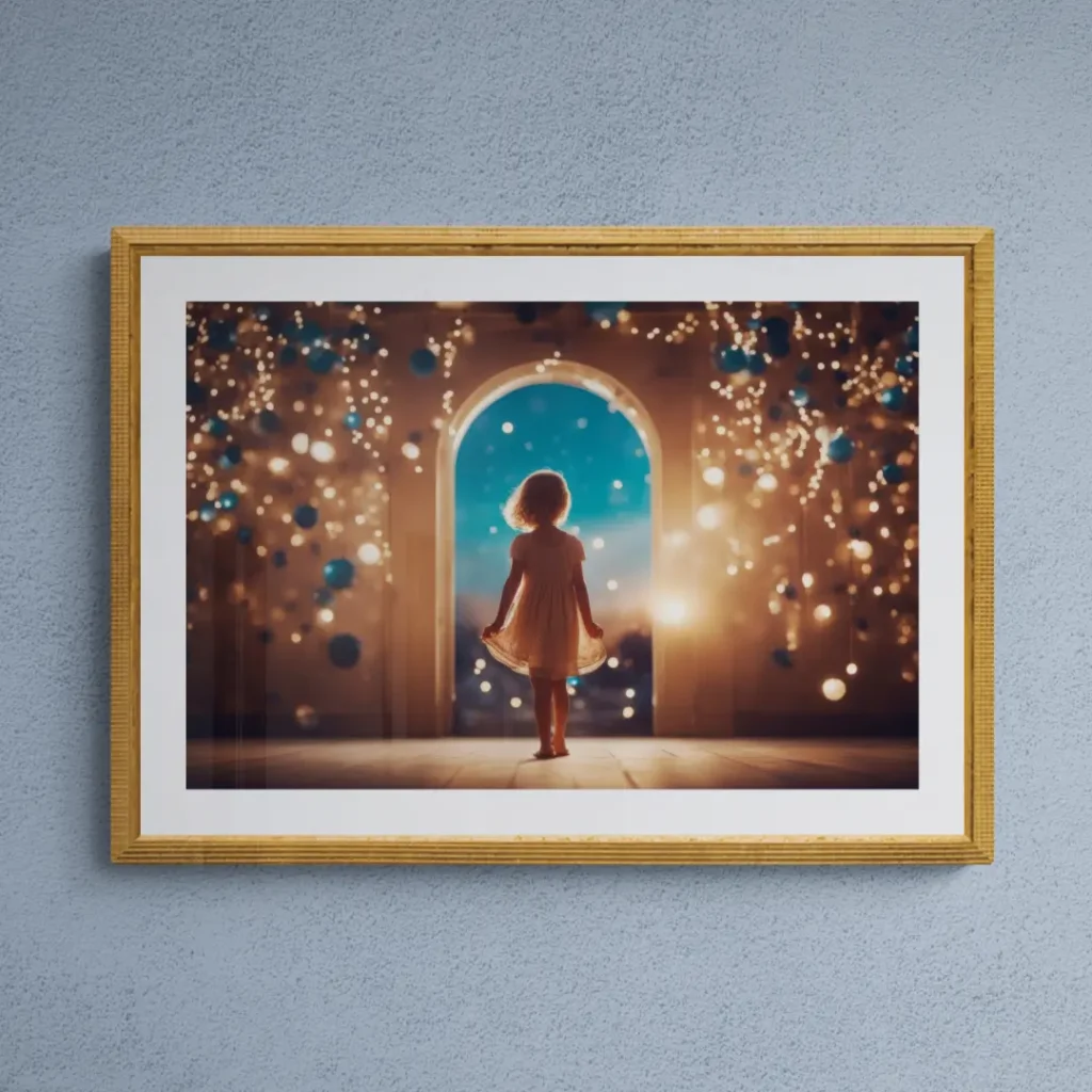 Gerahmter Druck des Gemäldes "Dreamgate" von Michael Quarz an einer graublauen Wand