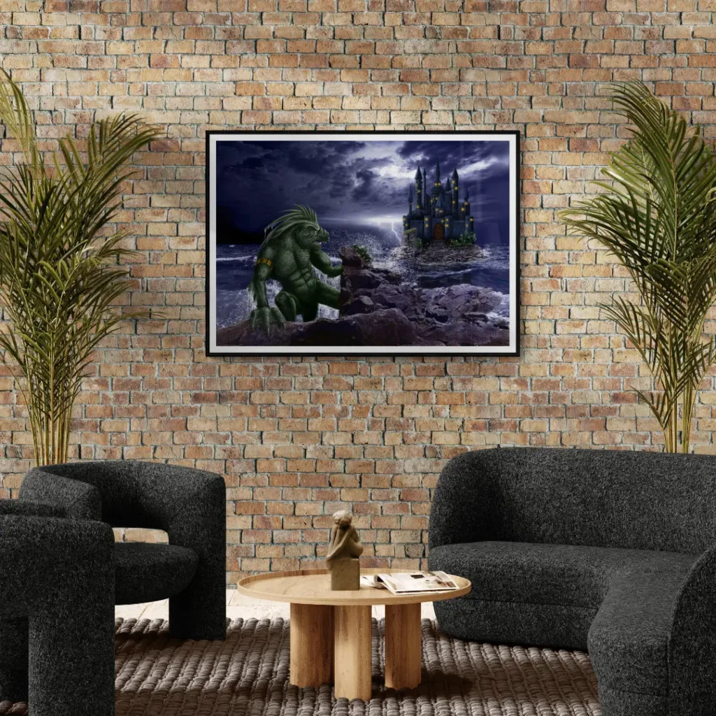 Gerahmter Druck des digitalen Gemäldes "Escaped" von Michael Quarz an einer braunen Steinwand hinter einer Sitzgarnitur