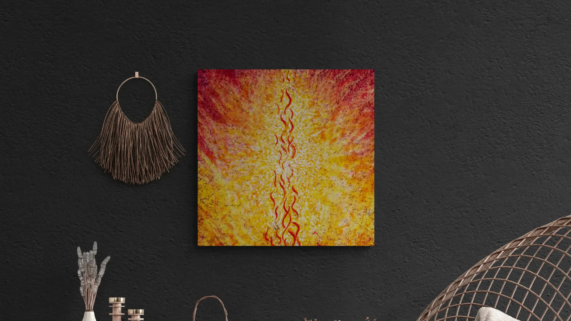 Acryl Gemälde "Energy Pile" von Michael Quarz an einer dunkelgrauen Wand