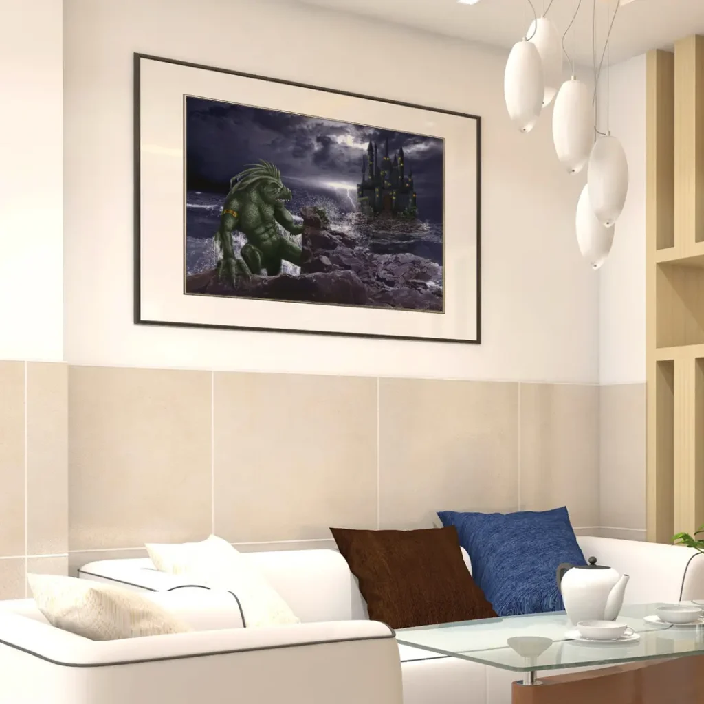 Gerahmter Druck des digitalen Gemäldes "Escaped" von Michael Quarz an einer hellen Wand