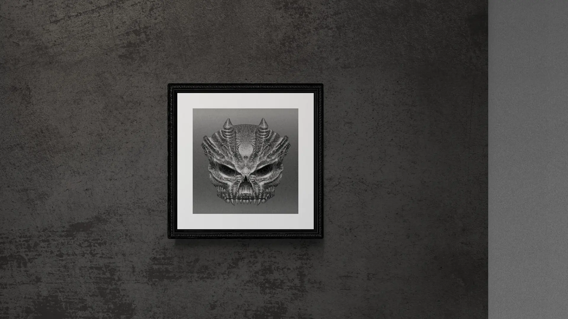 Gerahmter Druck des digitalen Gemäldes "Grey Skull" von Michael Quarz an einer dunkelgrauen Wand